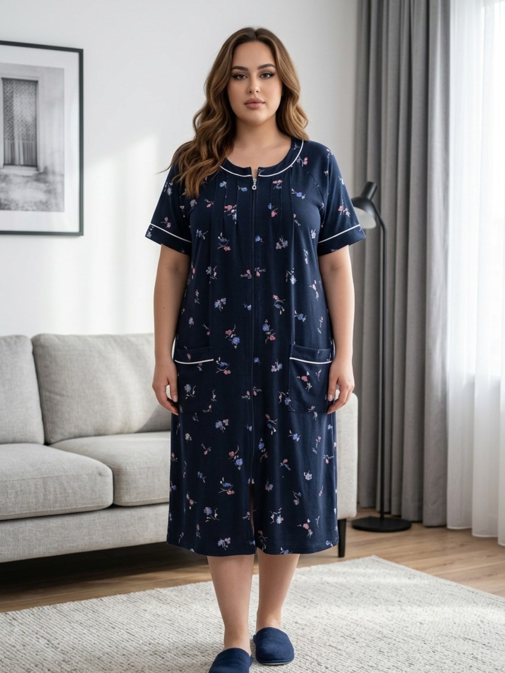 Secret Treasures Women's Zip-Front Lounge Duster Navy Blue W/Floral Pattern 2X